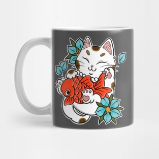 japanese cat tattoo and red fish Mug